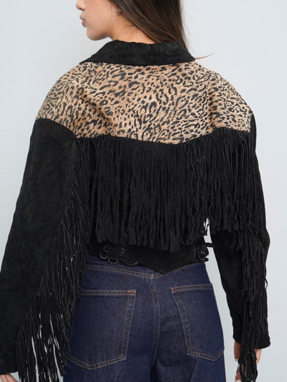 Chia Black & Leopard Print Fringed Suede Leather Jacket Size Small - Picture 4 of 9